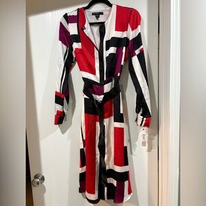 Maggy London Red and Black Geometric Long Sleeve Dress